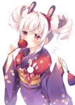  1girl amamine animal_ears azur_lane bangs blue_kimono blush bow candy_apple commentary_request covered_mouth double_bun eyebrows_visible_through_hair fingernails floral_print food hair_between_eyes hair_bow hair_ornament hairband holding holding_food japanese_clothes kimono kinchaku laffey_(azur_lane) long_sleeves looking_at_viewer obi pouch print_kimono rabbit_ears red_bow red_eyes red_hairband sash signature silver_hair simple_background solo white_background wide_sleeves 