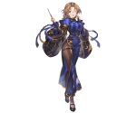  1girl bangs baton_(instrument) blue_dress blue_eyes braid breasts bridal_gauntlets brown_hair detached_sleeves dress eyebrows_visible_through_hair full_body granblue_fantasy holding juliet_sleeves large_breasts long_sleeves looking_at_viewer mary_janes minaba_hideo miranda_(granblue_fantasy) official_art one_eye_closed open_mouth pantyhose puffy_short_sleeves puffy_sleeves shoes short_sleeves side_slit single_braid solo standing thigh_strap transparent_background wide_sleeves 