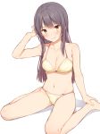  1girl arm_up bangs bare_legs barefoot black_hair blush bra breasts cleavage full_body hand_on_feet long_hair looking_at_viewer medium_breasts mikazuchi_zeus navel original panties shadow simple_background sitting smile solo stomach underwear underwear_only wariza white_background yellow_bra yellow_eyes yellow_panties 