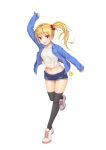  1girl :d absurdres arm_up black_legwear blonde_hair blue_jacket denim denim_shorts full_body groin highres jacket navel open_clothes open_jacket open_mouth original ponytail red_eyes running shoes short_shorts shorts sirocco smile sneakers solo thigh-highs white_footwear 