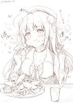  1girl azur_lane blush breasts cleavage cygnet_(azur_lane) double_bun eating fish_and_chips food french_fries glass hat heart heart-shaped_pupils highres long_hair sketch solo sweat symbol-shaped_pupils 
