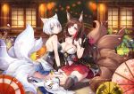  2girls animal_ears azur_lane black_gloves black_legwear blue_eyes blue_skirt breasts brown_hair character_request cherry_blossoms cleavage collarbone death-the-cat fox_ears fox_tail gloves hair_ornament highres holding kaga_(azur_lane) kneehighs lantern large_breasts long_hair mask mask_removed miniskirt multiple_girls multiple_tails night oriental_umbrella outdoors pleated_skirt red_eyes red_skirt short_hair sideboob silver_hair skirt strapless tail thigh-highs umbrella very_long_hair white_legwear wrist_cuffs 