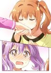  2girls blush brown_eyes brown_hair closed_mouth collarbone eyebrows_visible_through_hair full-face_blush holding_hand multiple_girls namori official_art open_mouth purple_hair release_the_spyce sagami_fuu short_hair short_twintails simple_background sweat twintails violet_eyes yachiyo_mei 