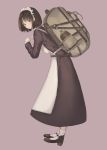  1girl absurdres apron backpack bag black_hair bob_cut canteen commentary_request hennekobakatesu highres maid maid_apron maid_headdress mary_janes original shoes short_hair simple_background solo 