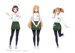  3girls :d absurdres artist_name asuna_(sao) black_pants blonde_hair brown_eyes brown_hair dress_shirt full_body green_apron hair_between_eyes hair_ornament hair_ribbon hairclip hand_in_hair hands_together highres kawaguchi_chisato lisbeth long_hair multiple_girls one_leg_raised open_mouth pants red_ribbon ribbon shirt short_hair silica simple_background smile standing standing_on_one_leg sword_art_online twintails uniform v very_long_hair white_background white_shirt 