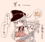  2girls ainu_clothes blue_hair blush breasts brown_gloves cake closed_eyes dress food gangut_(kantai_collection) gloves grey_hair hair_between_eyes hat headband itomugi-kun jacket jacket_on_shoulders kamoi_(kantai_collection) kantai_collection long_hair looking_at_another medium_breasts military military_uniform multicolored_hair multiple_girls naval_uniform open_mouth peaked_cap ponytail red_shirt remodel_(kantai_collection) shirt silver_hair simple_background translation_request uniform wavy_mouth white_hair yuri 