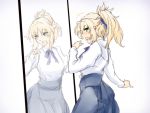  1girl artoria_pendragon_(all) blonde_hair blush braid cosplay fate/grand_order fate/stay_night fate_(series) french_braid green_eyes hair_ornament hair_ribbon hair_scrunchie karakure_(kamo-nanban) mordred_(fate) mordred_(fate)_(all) ponytail ribbon saber saber_(cosplay) scrunchie solo 