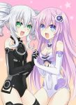  2girls :d absurdres bare_shoulders black_legwear black_sister blue_eyes breasts cleavage covered_navel cowboy_shot drill_hair elbow_gloves gloves green_eyes hair_ornament hand_holding highres interlocked_fingers leotard long_hair looking_at_viewer medium_breasts medium_hair multiple_girls nepgear neptune_(series) open_mouth pink_hair power_symbol purple_sister sidelocks silver_hair smile star starry_background thigh-highs twin_drills uni_(choujigen_game_neptune) zero_(ray_0805) 