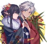  1boy 1girl amakusa_shirou_(fate) bamboo bangs black_hair black_kimono couple earrings eyebrows_visible_through_hair fate/apocrypha fate_(series) flower fur_trim hair_between_eyes hair_flower hair_ornament hair_up highres japanese_clothes jewelry kimono liangchanxingmingrixiang long_hair looking_at_another obi parted_bangs pointy_ears red_flower sash semiramis_(fate) short_hair smile touching upper_body white_hair wide_sleeves yellow_eyes yellow_flower 