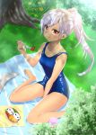  1girl barefoot blue_swimsuit breasts commentary_request food grass highres long_hair looking_at_viewer minamoto minamoto_mamechichi obentou one-piece_swimsuit original outdoors ponytail red_eyes school_swimsuit silver_hair sitting small_breasts smile solo_focus swimsuit tako-san_wiener tan tree wariza 