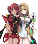  2girls :&gt; :&lt; armor arms_behind_back ass_visible_through_thighs bangs blonde_hair blush breasts brown_eyes cleavage cleavage_cutout covered_navel cowboy_shot dress earrings elbow_gloves er_huaa eyebrows_visible_through_hair faulds gloves head_tilt headpiece highres mythra_(xenoblade) pyra_(xenoblade) impossible_clothes jewelry large_breasts long_hair looking_at_viewer multiple_girls nose_blush panties pantyshot pantyshot_(standing) parted_lips red_eyes red_shorts short_dress short_shorts shorts shoulder_armor simple_background skindentation sleeveless sleeveless_dress standing straight_hair underwear very_long_hair white_background white_dress white_gloves white_panties xenoblade_2 