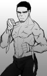  1boy abs bandage bare_shoulders black_hair clenched_hands facial_hair fighting_stance freakyzet frown golden_kamuy male_focus muscle no_shirt pants scar shirtless short_hair sketch solo topless tsukishima 