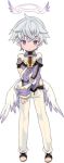  1boy angel angel_wings blade_(galaxist) blush full_body halo looking_at_viewer low_wings lowres luke_venus male_focus mini_wings official_art pointy_ears pop-up_story school_uniform silver_hair smile transparent_background violet_eyes wings 