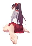  1girl absurdres bangs barefoot blue_eyes blunt_bangs blush bow collared_shirt commentary daye_bie_qia_lian eyebrows_visible_through_hair feet full_body highres long_hair long_sleeves looking_at_viewer new_game! pleated_skirt ponytail pov_feet purple_hair red_bow red_collar red_ribbon red_skirt ribbon shirt sidelocks sitting skirt soles solo takimoto_hifumi toes white_shirt 