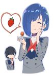  1boy 1girl bangs black_hair blue_hair blush closed_eyes couple darling_in_the_franxx eating eyebrows_visible_through_hair food fruit green_eyes hair_over_one_eye hand_on_own_face heart hiro_(darling_in_the_franxx) holding holding_food holding_fruit ichigo_(darling_in_the_franxx) looking_at_viewer military military_uniform necktie red_neckwear short_hair simple_background strawberry tanaka_masayoshi uniform white_background 