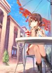  1girl alternate_costume autumn_leaves boots brown_eyes brown_hair brown_jacket chair cityscape day hairband head_on_hand highres jacket kantai_collection legs_crossed long_sleeves nyum orange_hairband outdoors parasol shiratsuyu_(kantai_collection) short_hair sky solo table tree umbrella 