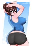  1girl ass bike_shorts black-framed_eyewear breasts curvy from_behind glasses hair_ornament hairpin large_breasts looking_back mei_(overwatch) neocoill overwatch solo tank_top thick_thighs thighs 