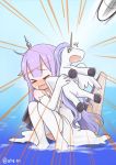  &gt;_&lt; 1girl ahenn azur_lane blush commentary_request doll_hug dress elbow_gloves emphasis_lines flight_deck gloom_(expression) gloves long_hair open_mouth purple_hair scared squatting stuffed_pegasus stuffed_unicorn thigh-highs twitter_username unicorn_(azur_lane) water wavy_mouth white_dress white_gloves white_legwear 