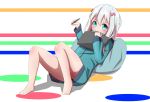  1girl absurdres bangs barefoot blue_eyes blue_jacket blush bow closed_mouth commentary_request drawing_tablet eromanga_sensei eyebrows_visible_through_hair hair_between_eyes hair_bow highres holding holding_stylus idaten93 izumi_sagiri jacket long_hair long_sleeves pillow pink_bow reclining silver_hair solo stylus 