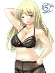  1girl atago_(kantai_collection) black_bra black_legwear black_panties blonde_hair bra breasts cleavage cowboy_shot dated green_eyes kantai_collection large_breasts long_hair looking_at_viewer one_eye_closed open_mouth panties panties_under_pantyhose pantyhose simple_background smile solo tatsumi_rei twitter_username underwear white_background 