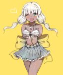  1girl arms_behind_back bangs bikini_top blue_skirt blunt_bangs blush breasts dangan_ronpa eyebrows_visible_through_hair frilled_bikini_top frilled_skirt frills green_eyes heart jewelry long_hair looking_at_viewer low_twintails medium_breasts necklace new_dangan_ronpa_v3 one_eye_closed open_clothes open_mouth pendant pleated_skirt shoes short_sleeves skirt smile solo ssumbi twintails white_hair yellow_background yonaga_angie 