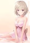  1girl anastasia_(idolmaster) bangs bed_sheet blue_eyes breasts cleavage collarbone dress eyebrows_visible_through_hair hair_between_eyes idolmaster idolmaster_cinderella_girls looking_at_viewer medium_breasts nannacy7 short_dress short_hair silver_hair simple_background sitting sketch sleeveless sleeveless_dress smile solo white_background white_dress 