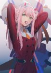  1girl aqua_eyes arms_up bangs breasts candy dangmill darling_in_the_franxx eyebrows_visible_through_hair food hair_between_eyes hairband horns lollipop long_hair long_sleeves looking_at_viewer mecha medium_breasts mouth_hold open_mouth pink_hair red_shirt school_uniform shirt solo strelizia teeth uniform upper_body white_hairband zero_two_(darling_in_the_franxx) 