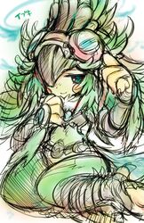  1girl aqua_eyes beak belt brown_belt character_name closed_mouth crop_top eyebrows eyelashes facing_away feathered_hair feathers fur_collar gem goggles goggles_on_head green_hair highres ibuki_(xenoblade) long_hair looking_at_viewer sasaki_shou sitting sketch smile solo talons wariza xenoblade xenoblade_2 