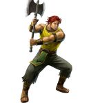  1boy armband axe bare_arms beard belt brown_eyes collarbone dorcas_(fire_emblem) facial_hair fire_emblem fire_emblem:_rekka_no_ken fire_emblem_heroes green_pants highres holding holding_axe holding_weapon ippei_soeda lips male_focus muscle nose official_art pants realistic redhead sandals serious shirt short_hair solo tank_top toenails toes tomahawk weapon wristband yellow_shirt 