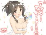  1girl :d bare_shoulders blush breasts brown_eyes brown_hair cd cleavage commentary_request copyright_request eyebrows_visible_through_hair hand_up holding large_breasts naked_towel open_mouth peko ponytail short_hair signature smile solo towel translation_request upper_body 