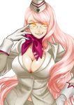  &gt;:) 1girl breasts chito04 choker cleavage commentary_request earrings fate/grand_order fate_(series) formal glasses gloves grin hand_on_eyewear hat highres jewelry koyanskaya large_breasts long_hair looking_at_viewer midriff_peek pink_hair ribbon ribbon_choker sleeve_cuffs solo suit very_long_hair white_background white_gloves yellow_eyes 