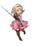  1girl blonde_hair boots brown_eyes commentary_request djeeta_(granblue_fantasy) dress fighter_(granblue_fantasy) flat_chest full_body gauntlets granblue_fantasy hairband harbin highres holding holding_sword holding_weapon looking_at_viewer pink_dress pointy_ears short_hair simple_background solo sword tagme thigh-highs thigh_boots weapon white_background yashigaras 