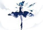  1girl bangs bare_legs blue_bow blue_dress blue_eyes blue_hair bow cirno detached_wings dress full_body hair_bow highres ice ice_wings ikurauni looking_away neck_ribbon no_shoes pinafore_dress profile red_neckwear red_ribbon reflection ribbon ripples shirt shoes short_sleeves solo standing standing_on_liquid tiptoes touhou white_shirt wings 
