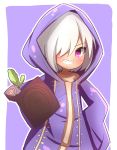  1girl :d absurdres akebia_fruit bangs beige_dress collarbone commentary_request eyebrows_visible_through_hair grin hair_over_one_eye hand_on_hip highres holding holding_stick hood hood_up hoodie idaten93 long_sleeves looking_at_viewer open_mouth original personification purple_background purple_hoodie short_hair sleeves_past_fingers sleeves_past_wrists smile solo stick two-tone_background v-shaped_eyebrows violet_eyes white_background white_hair 