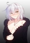  1girl ahoge blush breasts breasts_apart collarbone commentary eyebrows_visible_through_hair fate/grand_order fate_(series) fleur_de_lis fur_collar hair_between_eyes jeanne_d&#039;arc_(alter)_(fate) jeanne_d&#039;arc_(fate)_(all) jewelry looking_at_viewer medium_breasts necklace parted_lips racer_(magnet) silver_hair smirk solo sweatdrop upper_body yellow_eyes 