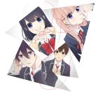  2boys 2girls black_hair blonde_hair blue_eyes bow bowtie brown_eyes brown_hair crossed_fingers koi_to_uso looking_at_viewer multiple_boys multiple_girls nejima_yukari nisaka_yuusuke official_art red_neckwear red_string sanada_ririna school_uniform string takasaki_misaki_(koi_to_uso) transparent_background 