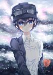  1girl :o black_hat black_jacket blue_eyes blush breasts collared_shirt eyebrows eyelashes flower fur_hat goggles goggles_on_headwear hair_between_eyes hat jacket kino kino_no_tabi konno_kengo long_sleeves looking_at_viewer open_clothes open_eyes open_jacket removing_jacket shiny shiny_hair shirt short_hair small_breasts solo tomboy white_shirt wing_collar 