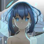  1girl absurdres andonoz android artist_name bangs blue_eyes blue_hair cable close-up closed_mouth eyebrows_visible_through_hair face hair_between_eyes highres looking_at_viewer mechanical_halo original out-of-frame_censoring science_fiction short_hair solo topless 