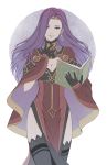  1girl black_gloves black_legwear book breasts capelet circlet cleavage dress earrings eyelashes fire_emblem fire_emblem_echoes:_mou_hitori_no_eiyuuou fire_emblem_gaiden gloves hair_over_one_eye holding holding_book jewelry lace lace-trimmed_thighhighs large_breasts lips long_hair purple_hair red_dress seductive_smile side_slit simple_background smile solo sonia_(fire_emblem_gaiden) star_(sky) thigh-highs thighs turtleneck violet_eyes white_background 