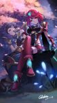  1boy 1girl adson-(biao_di) bodysuit breasts crotchless_pants fingerless_gloves gloves grey_hair highres pyra_(xenoblade) large_breasts looking_at_viewer night red_eyes redhead rex_(xenoblade_2) short_hair sitting smile xenoblade xenoblade_2 