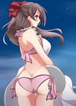  1girl adapted_costume apron ass bikini bikini_under_clothes blush bow breasts brown_hair butt_crack closed_mouth from_behind hair_bow kantai_collection large_breasts long_hair looking_to_the_side mamiya_(kantai_collection) outdoors pink_bikini red-eyes_macadamiachoco side-tie_bikini sky solo standing swimsuit upper_body violet_eyes 