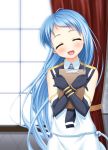  black_gloves blue_hair closed_eyes elbow_gloves gloves indoors kakitsubata_tsukune kantai_collection long_hair samidare_(kantai_collection) smile very_long_hair window 