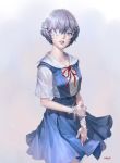 1girl absurdres artist_name ayanami_rei bandage bandage_over_one_eye bandaged_hands bangs blue_hair blue_skirt collared_shirt crying crying_with_eyes_open eyelashes grey_background grey_eyes hair_between_eyes highres lips looking_at_viewer neck_ribbon neon_genesis_evangelion nessi pale_skin parted_lips realistic red_neckwear red_ribbon ribbon shirt short_hair short_sleeves skirt solo tears 