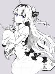  1girl ahoge azur_lane bangs bare_shoulders blush bow closed_mouth collarbone criss-cross_halter detached_sleeves dress eyebrows_visible_through_hair grey_background greyscale hai_ookami hair_bun hair_ribbon halterneck long_hair long_sleeves looking_at_viewer looking_to_the_side monochrome object_hug one_side_up ribbon side_bun simple_background solo spot_color stuffed_animal stuffed_pegasus stuffed_toy stuffed_unicorn unicorn_(azur_lane) very_long_hair violet_eyes 