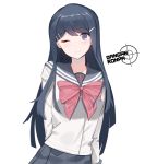  1girl blue_eyes blue_hair blue_sailor_collar blue_skirt blush bow bowtie closed_mouth commentary_request copyright_name dangan_ronpa dangan_ronpa_1 eyebrows_visible_through_hair hair_ornament hairclip hona_(pixiv7939518) long_hair long_sleeves looking_at_viewer maizono_sayaka one_eye_closed pleated_skirt red_neckwear sailor_collar shirt simple_background skirt smile solo white_background white_shirt 