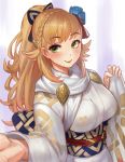  1girl 2018 blonde_hair blush braid breasts edward_montenegro fire_emblem fire_emblem_heroes green_eyes hair_ornament hair_ribbon japanese_clothes kimono large_breasts long_hair looking_at_viewer new_year open_mouth sharena simple_background smile solo white_background 