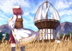  1girl atelier_(series) atelier_lydie_&amp;_suelle atelier_sophie backpack bag black_legwear brown_hair building clouds coat facing_away fence field frilled_legwear from_behind half-timbered head_scarf highres holding_strap kneehighs long_sleeves mountain numpopo open_clothes open_coat outdoors red_skirt skirt sky solo sophie_neuenmuller standing thigh-highs wheat white_coat wide_sleeves windmill window wooden_fence 