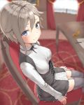  1girl ange_(princess_principal) blue_eyes blurry blush braid breasts corset depth_of_field eyebrows_visible_through_hair garter_straps grey_hair medium_breasts princess_principal reinama school_uniform short_hair sitting smile solo 