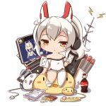  1girl ame. ayanami_(azur_lane) azur_lane bag_of_chips bangs bare_shoulders blush bottle breasts brown_eyes cellphone chibi chips cleavage cola commentary_request eyebrows_visible_through_hair food grey_hair high_ponytail lightning_bolt long_hair medium_breasts off-shoulder_shirt parted_lips phone ponytail potato_chips shirt short_sleeves sitting smartphone solo stylus thigh-highs thighhighs_pull torpedo white_background white_legwear white_shirt 
