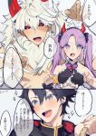  1girl 2boys 846kazuya bare_shoulders black_hair blue_eyes breasts comic fate/grand_order fate_(series) hair_between_eyes halloween halloween_costume hood multiple_boys purple_hair red_eyes small_breasts translation_request twintails violet_eyes white_legwear 